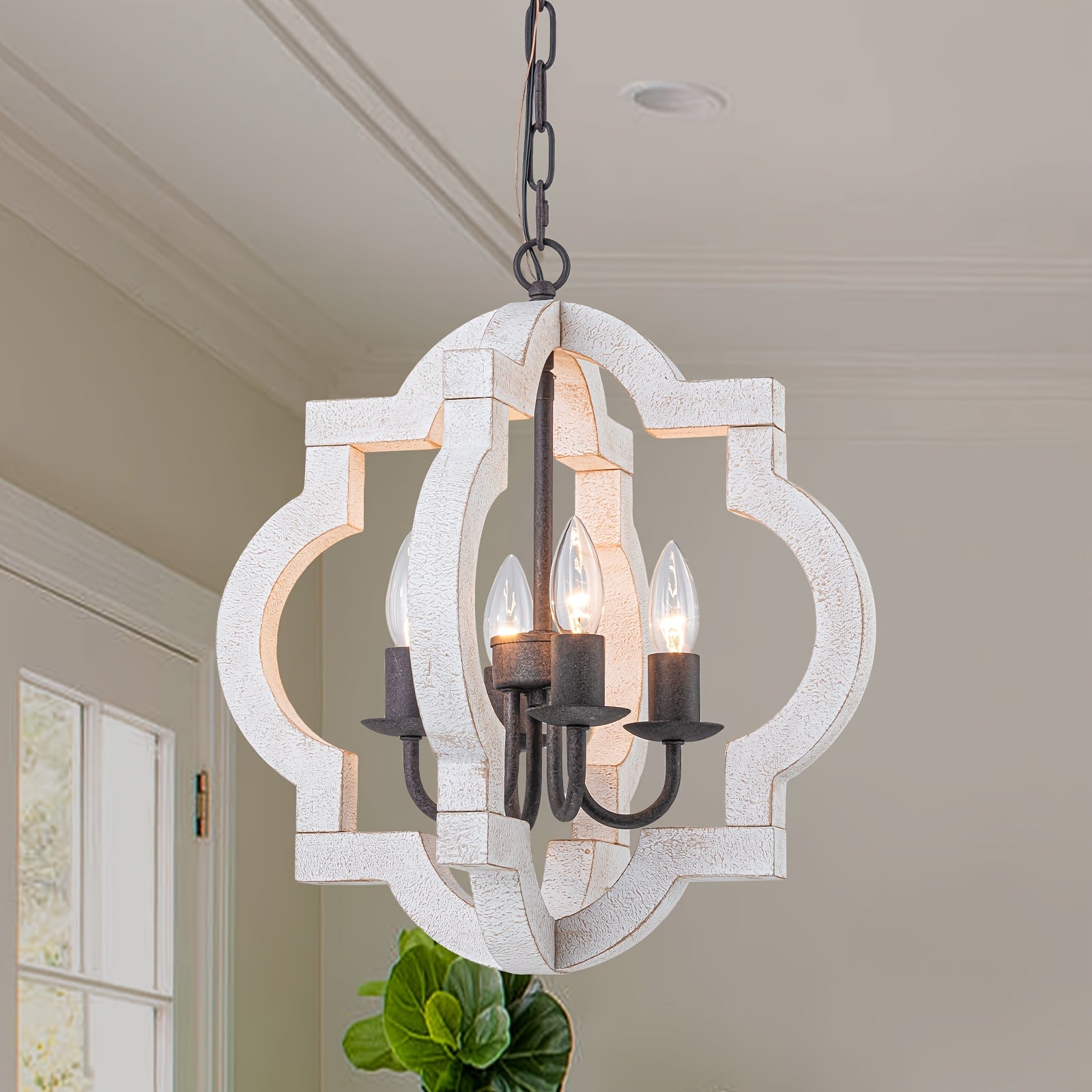 16" oak farmhouse pendant light | faux aged white wood chandelier, suitable for dining room, kitchen, living room, bedroom, entryway, foyer | semi-flush mount installation, polished metal lamp head, E12 bulb base, hardwired, MENCOLULU brand