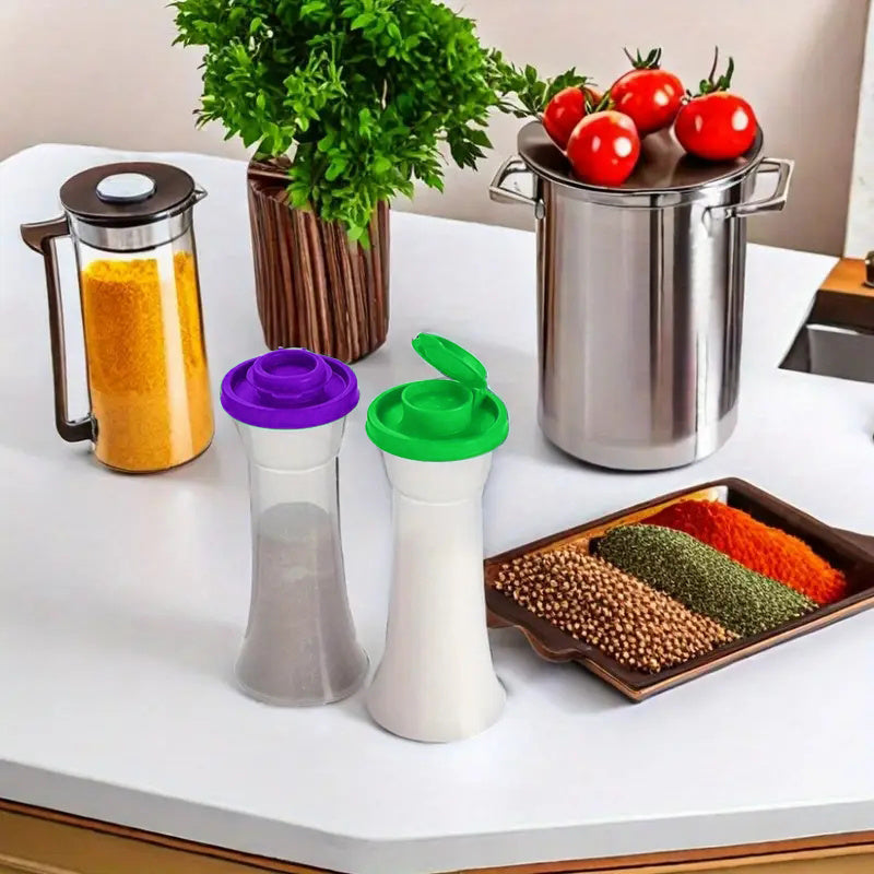 2 Extra-Large Salt & Pepper Shakers, Moisture-Proof Salt Collector – Perfect for Camping, Picnic, Outdoor Kitchen, Lunch Box, Travel – Clear Spice Jars with Red Lids – Plastic Airtight Spice Dispensers, BBQ Seasoning Shakers, Powder Dispensers