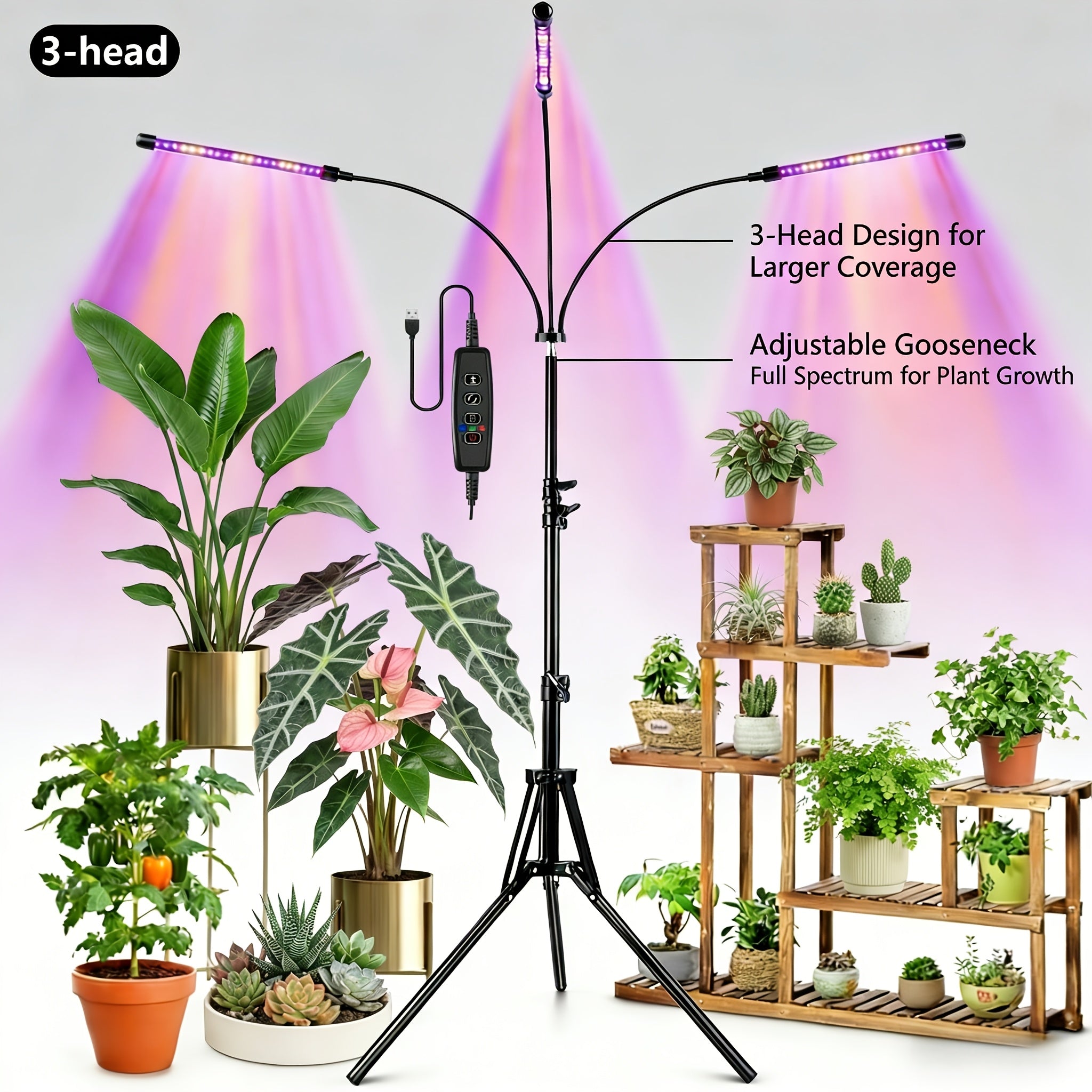 Adjustable Height Tripod 3-Head Plant Grow Light, High Lumen Output, Powered Design with Timer & Brightness Control, Full Spectrum Floor Standing Grow Lamp, Perfect for Small Plants, Vegetables and Fruits