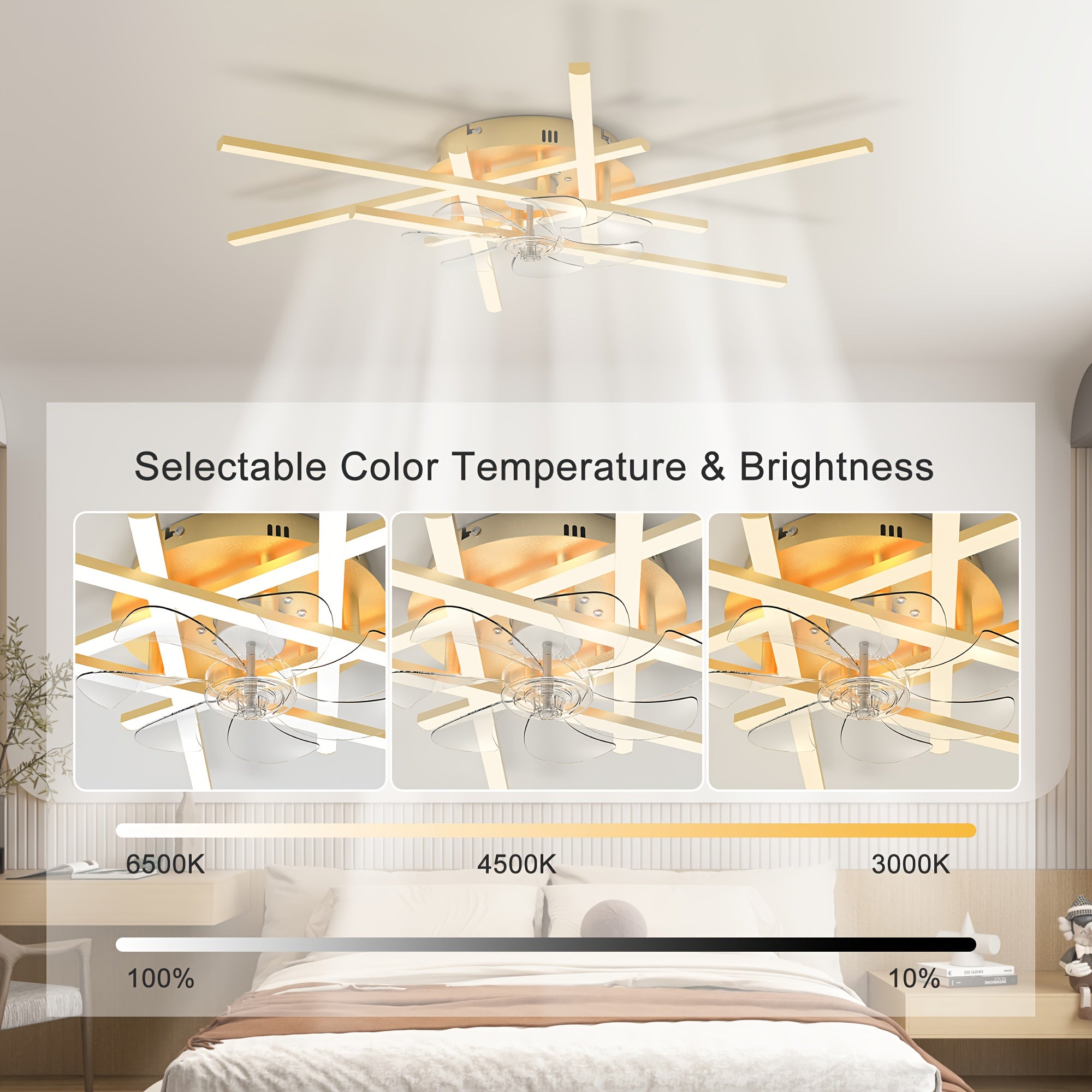 Modern LED Ceiling Fan with Light and Remote Control, Gold Sputnik Semi-Flush Mount Design, Chandelier Fan for Bedroom, Living Room, Dining Room, Kitchen & Office