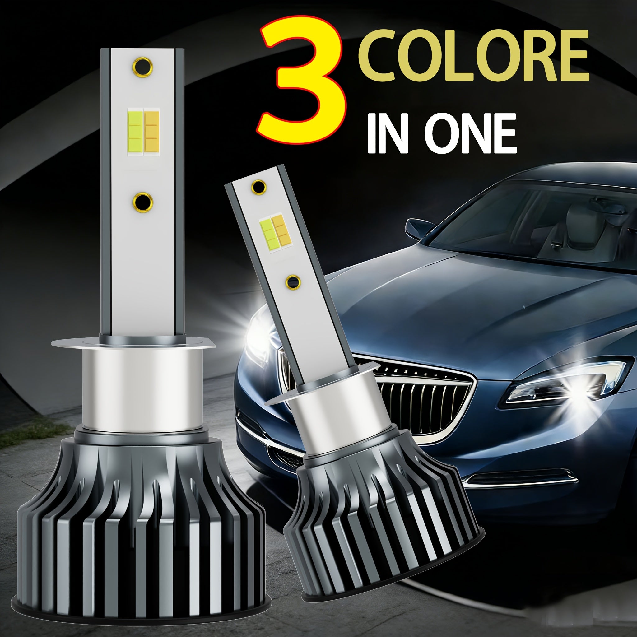Tri-Color Car LED Headlight Kit, 2-Pack, H1 H4 H7 H11 9005 9012, 60000LM, Super Bright Fog Light Bulbs, Universal Compatibility, No Battery Included