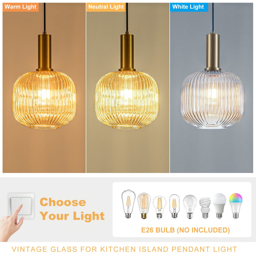 Single-Pack Amber Pendant Light, Compatible with E26 Screw-in 3-Color Bulb, Metal Base Glass Shade Height-Adjustable Ceiling Light, Vintage Kitchen Island Pendant Light Two Colors Optional, for Room Lighting, Hotel Decoration