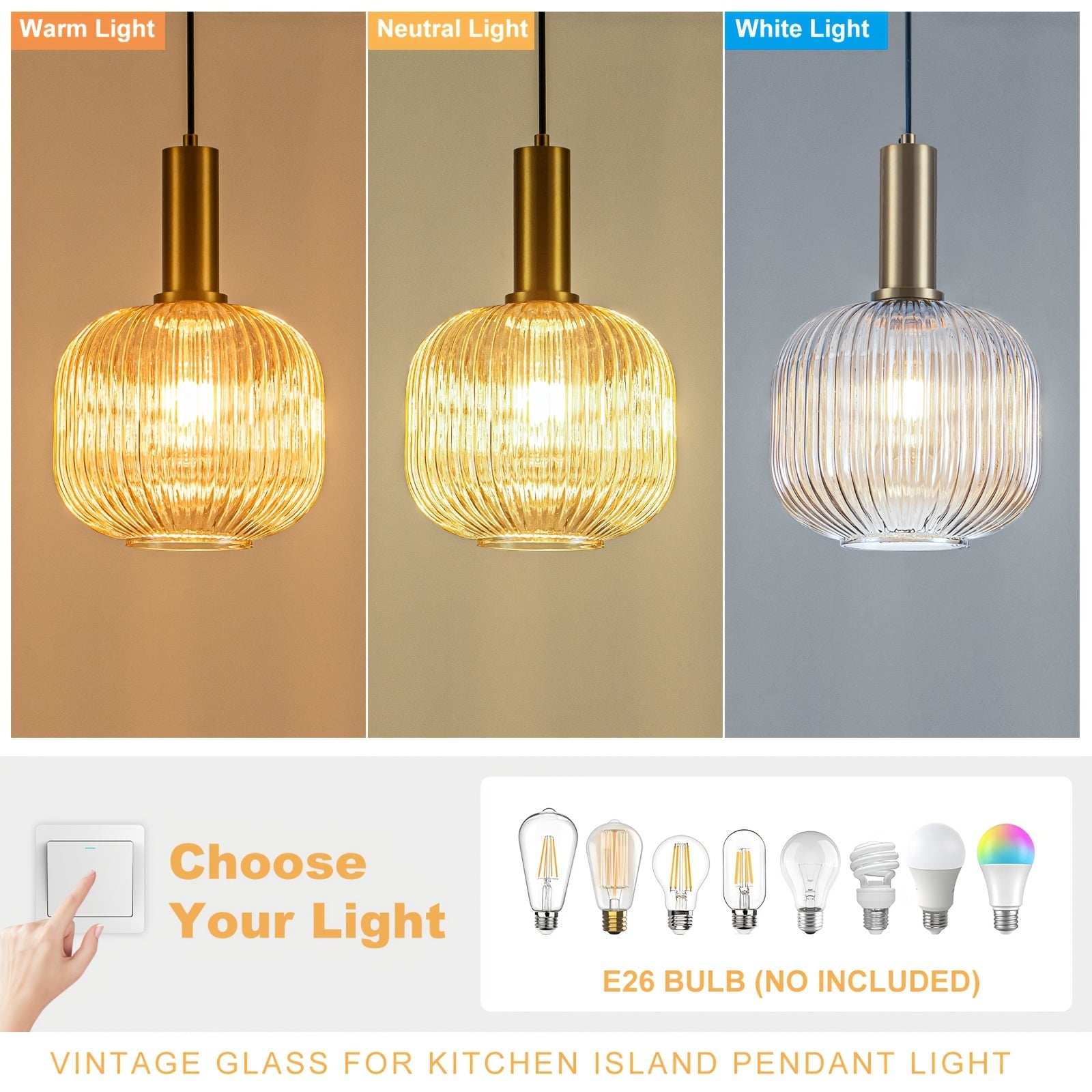 Single-Pack Amber Pendant Light, Compatible with E26 Screw-in 3-Color Bulb, Metal Base Glass Shade Height-Adjustable Ceiling Light, Vintage Kitchen Island Pendant Light Two Colors Optional, for Room Lighting, Hotel Decoration