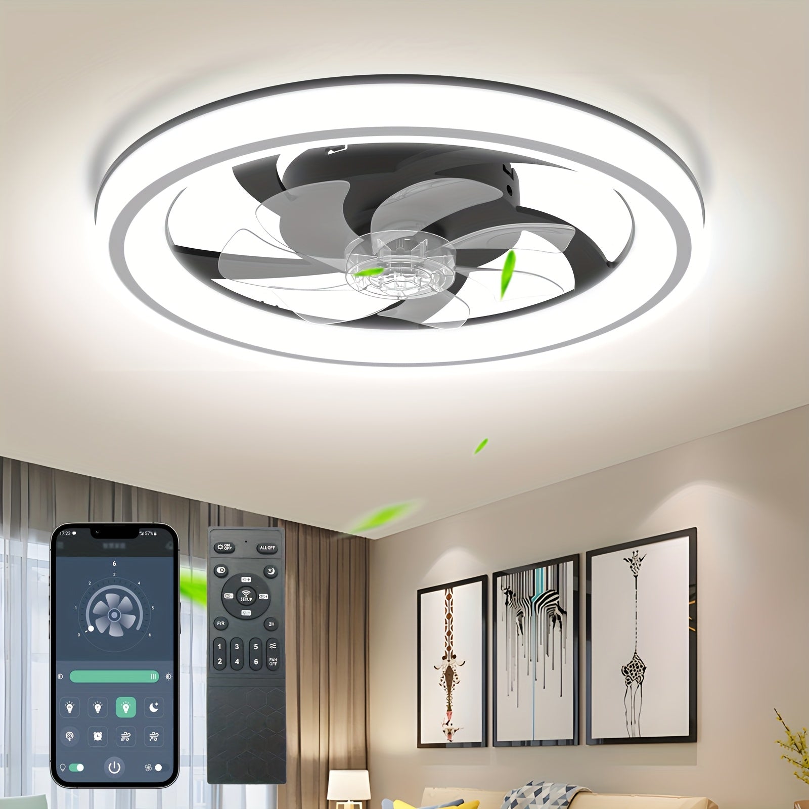 20 Inch Modern Dimmable LED Ceiling Fan Light, APP & Remote Control, 3 Color Temperatures, 6 Speed Levels, Flush Mount Design for Bedroom, Night Mode, Timer Function, Wireless Control, Polished Finish, Bedroom Ceiling Fan, Modern Lighting