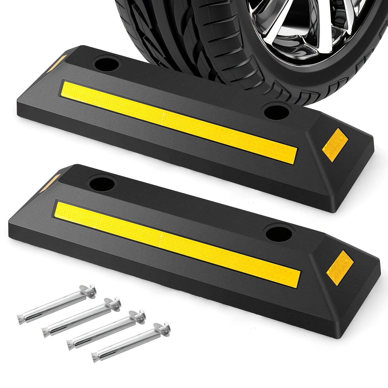 1/2/4-Piece Garage Parking Bumper Guard – Durable Rubber Curb with Yellow Stripe for Safe Vehicle Stopping, Universal Fit for Cars, Vans, Trucks, Tire Wheel Guide Block for Bumper Protection