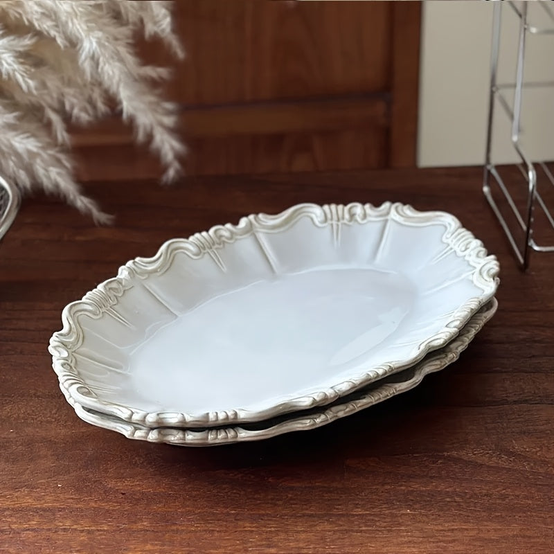 French Kiln-Changed Glaze Vintage 12-Inch Fish Plate, Ceramic Dinner Plate, Steamed Fish Dish, High Temperature Resistant, for Restaurant & Home Use