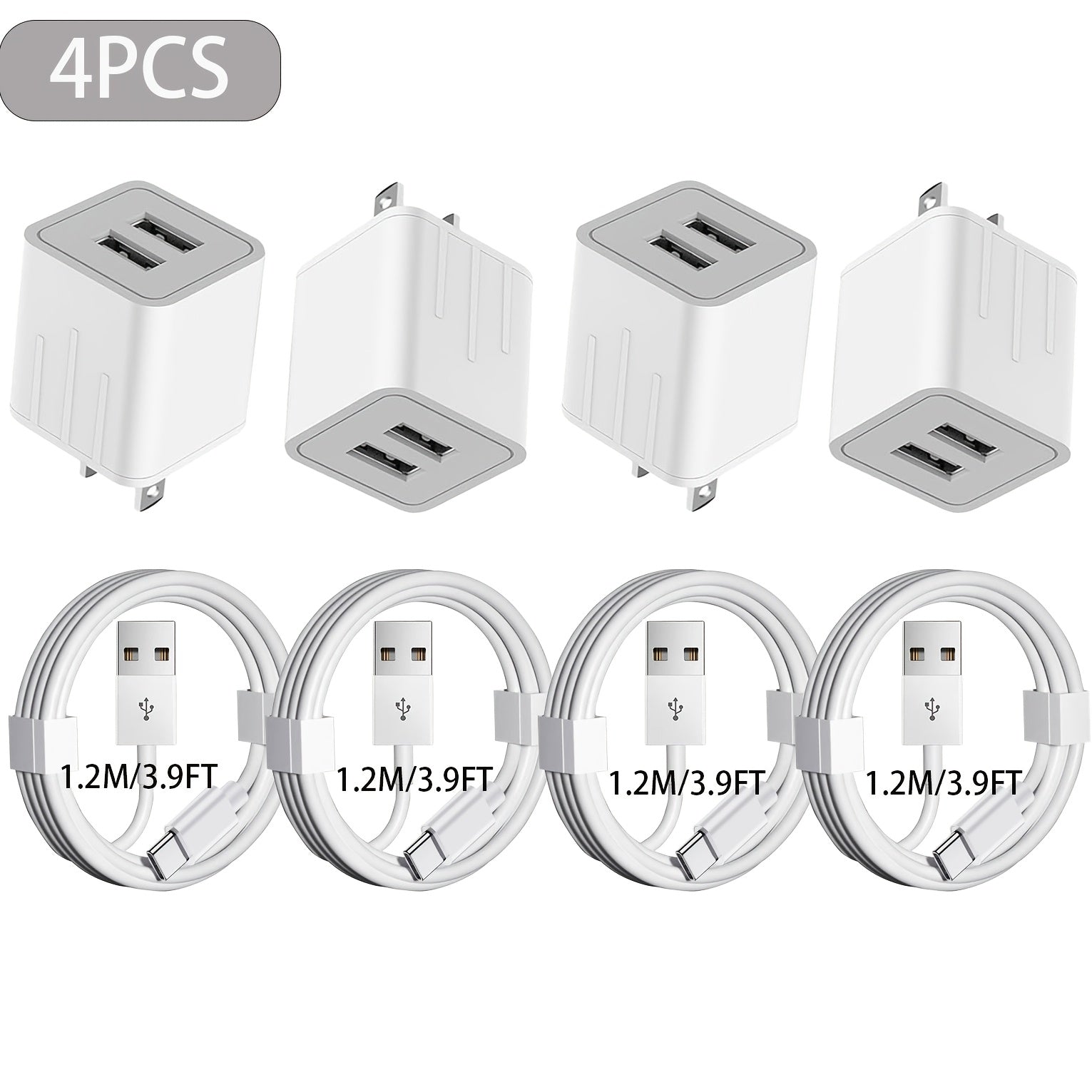 10W Dual-Port Wall Charger Adapter, USB Converter, Small Device Charger Adapter USB Converter for iPhone 15-17 iPad Pro Samsung Galaxy with 47.24inch USB A-C Cable 3/4pcs