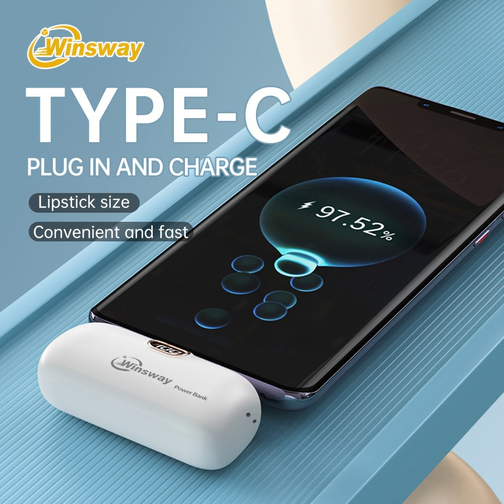 Winsway 5000mAh Super Mini Type-C Power Bank, Digital Display Of Power Value, Lipstick Size, Easy to Carry, Metal Interface Extended to Prevent Shaking And Disconnection, for Phone 16/16 Plus/15 Pro/15 Pro Max/Pad Pro/Android Mobile Phones