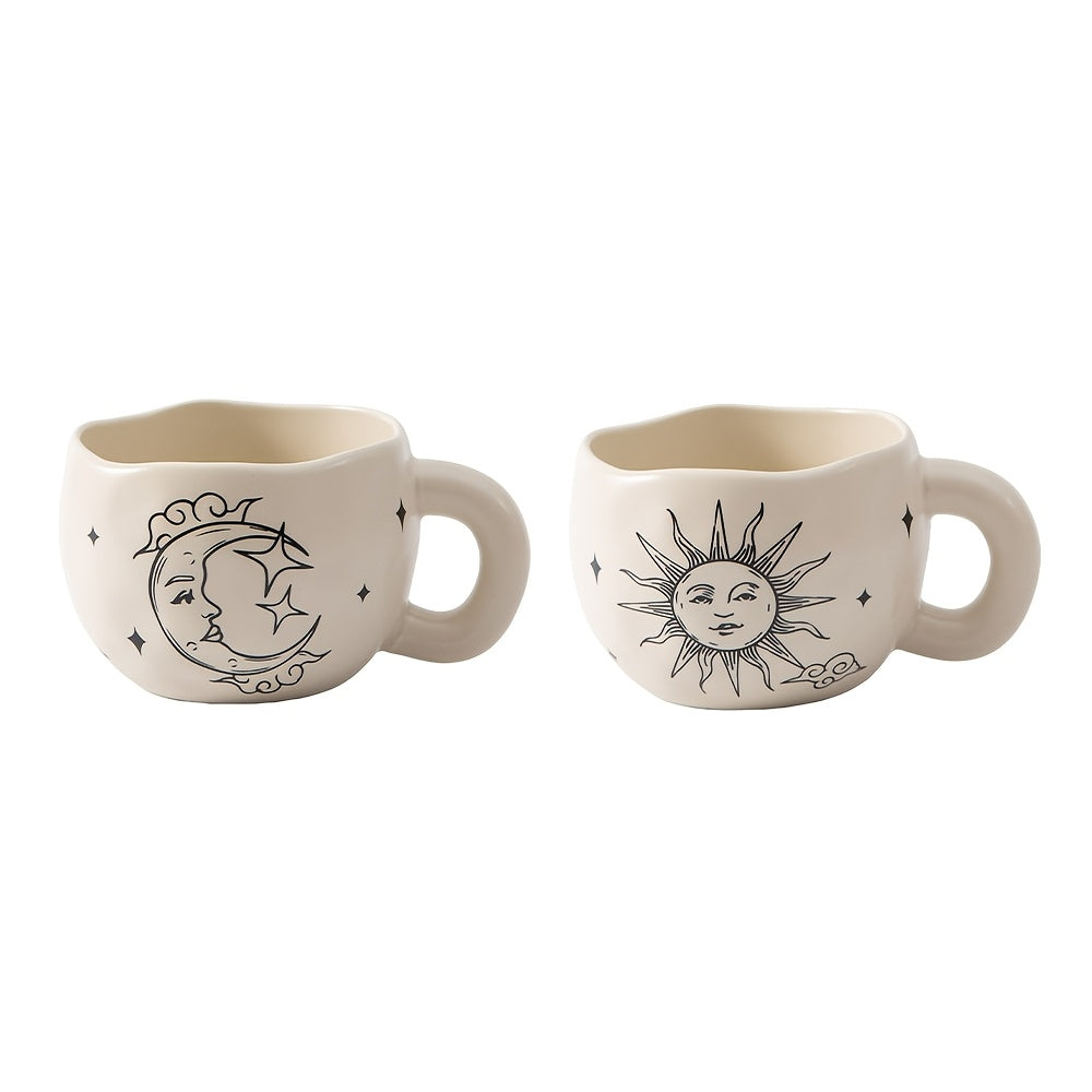 2-Pack 230ml / 7.8oz Retro Valentine’s Day Ceramic Coffee Mug Set, Sun & Moon Face Vintage Design Drinking Cup, Beige Mugs, Bosnian Style Tea Cup, Perfect for Office, Home, Birthday, Party, Valentine’s Day Gift