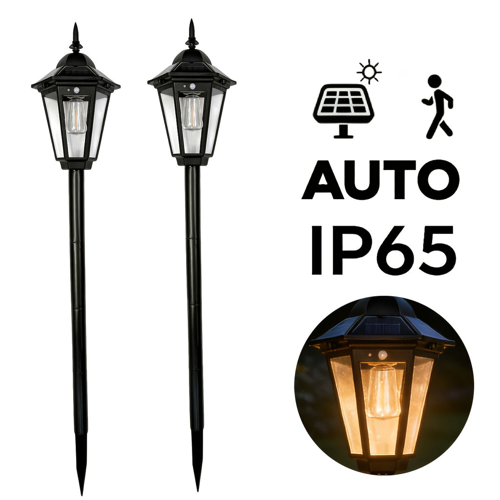 2 Pack Large Solar Street Light with Motion Sensor and Smart Control | European Lantern Style Black LED Outdoor Light, 3.94ft Tall, IP65 Waterproof, Durable Plastic, Lithium Battery, Perfect for Courtyard, Garage, Door, Garden, Square, Street