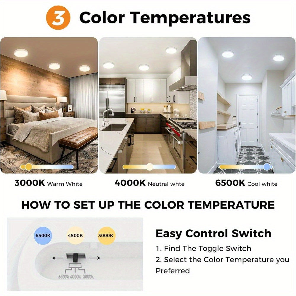 8-pack, 6.5-inch white LED ceiling light set, available in three color options: 3000K, 4000K and 6500K. This 12W, 1200LM flat round ceiling light is very suitable for kitchen, bedroom, hallway and porch.
