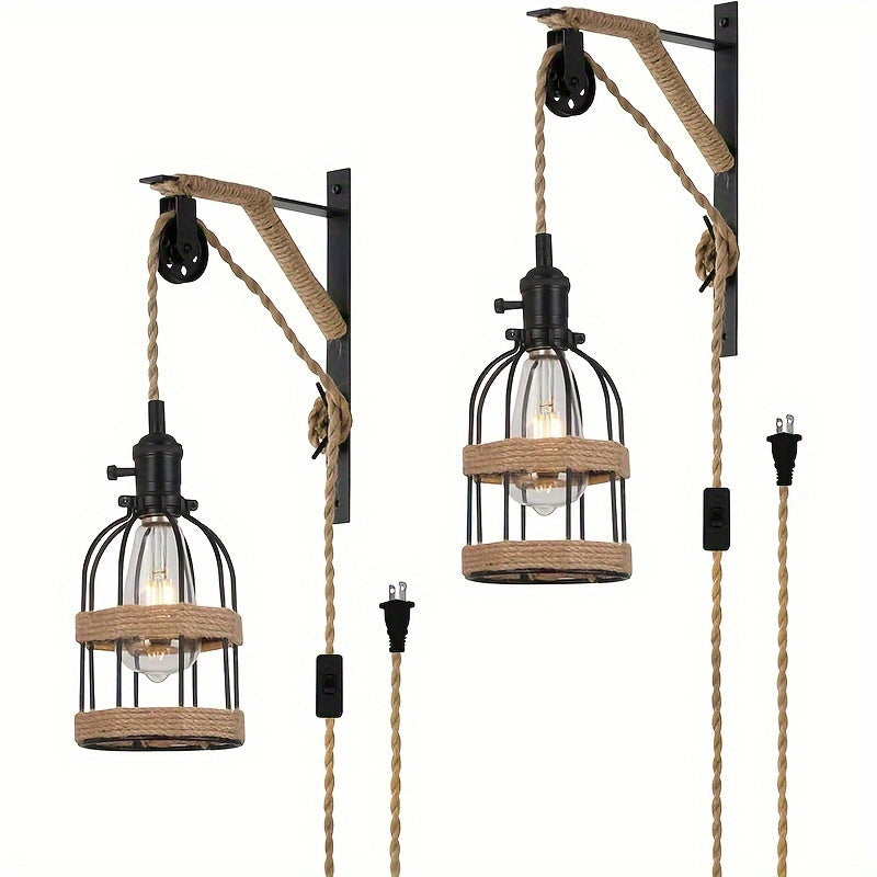 1/2-Piece Farmhouse Style Plug-In Pulley Pendant Light, with Brown Cord and Switch Wall Light