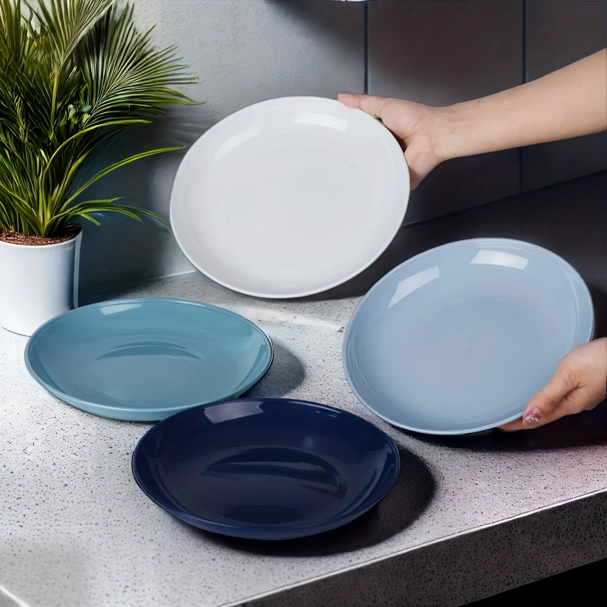 1 Pack of 4-Piece Unbreakable 9-Inch Plastic Plates, Microwave & Dishwasher Safe, Dinner Plate Set for Home, RV, Parties (Blue Series)