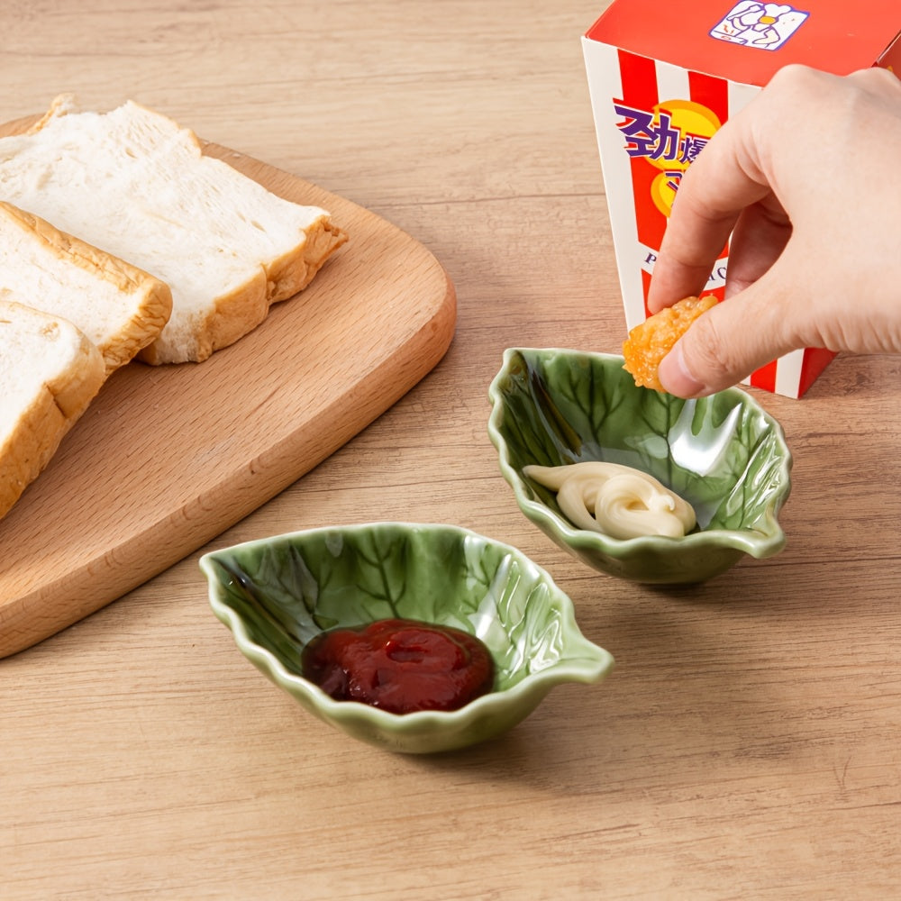 4/6pcs 40ml / 1.35oz Ceramic Dip Dish – Cute Green Leaf Soy Sauce Dish – Heat-Resistant Ceramic Espresso Measure Cup – Perfect for Serving Coffee, Sauce, Honey &amp; Milk – Espresso Bar Table Décor