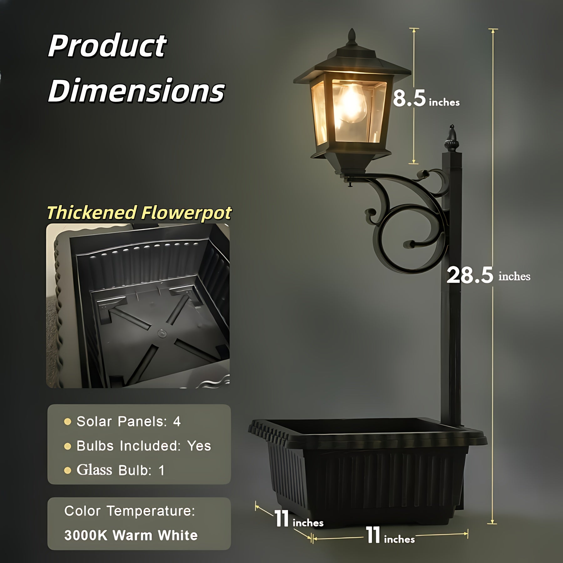 Solar Lamp Post Light - 2-in-1 Outdoor Planter, Suitable for Real or Artificial Flowers (Flowers Not Included). Glass Lampshade, 20 Lumen Glass Bulb, Wall-Mounted IP44 Decorative Outdoor Floor Lamp, Perfect for Lawn, Patio, Front/Back Door