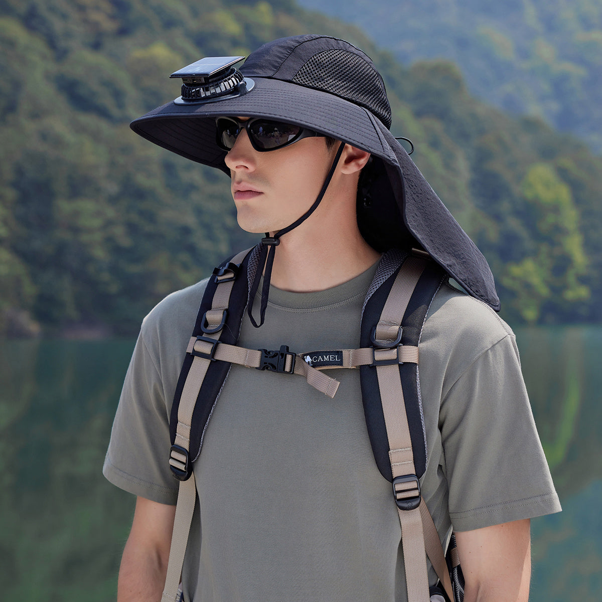 Men's Sun Hat with Solar Fan, Wide Brim Outdoor Boonie Hat, Lightweight African Safari Hat