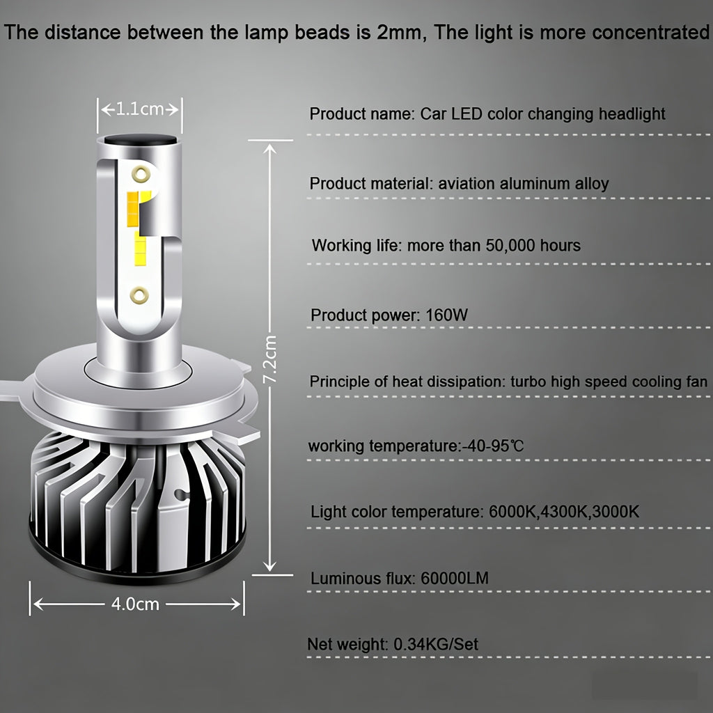 Tri-Color Car LED Headlight Kit, 2-Pack, H1 H4 H7 H11 9005 9012, 60000LM, Super Bright Fog Light Bulbs, Universal Compatibility, No Battery Included