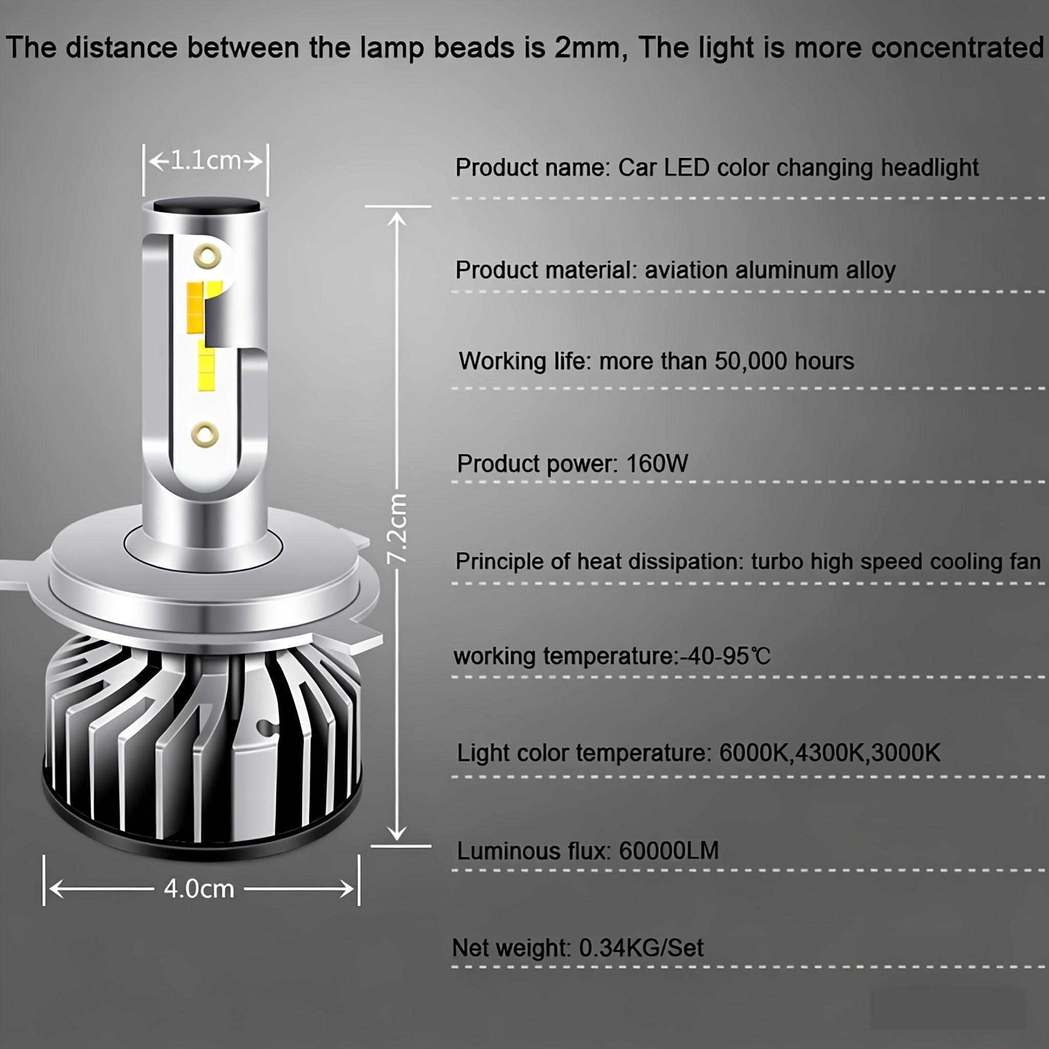 Tri-Color Car LED Headlight Kit, 2-Pack, H1 H4 H7 H11 9005 9012, 60000LM, Super Bright Fog Light Bulbs, Universal Compatibility, No Battery Included