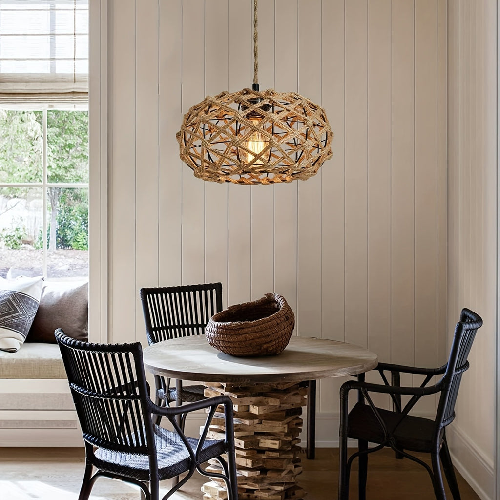 Handwoven Rattan Pendant Light with Jute Rope Woven Shade – Bohemian Rustic Rattan Hanging Lamp, Adjustable Hanging Rope and E26 Socket (Bulb Sold Separately), Suitable for Coastal Farmhouse Bohemian Style Ceiling Light Fixture
