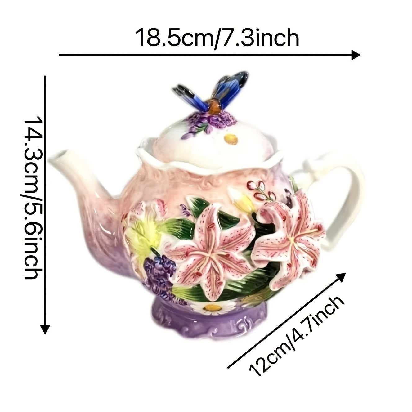 Christmas Gift, Jane Eyre Series Lily & Butterfly Teapot, Exquisite Relief Craftsmanship, Vibrant Colors, 13.53oz