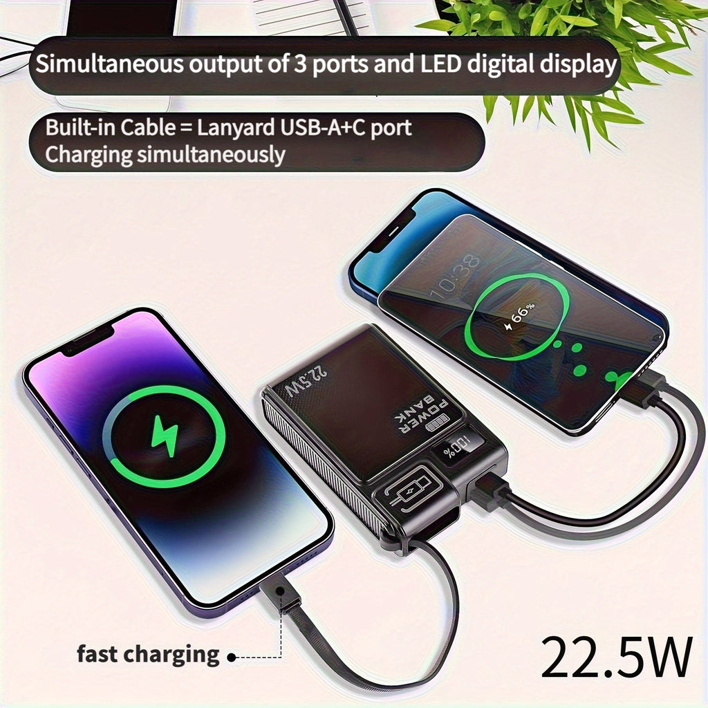 TQQDCI行動式充電寶10000mAh大容量手機充電器，支援PD-C22.5W雙向快充，內建Type-C快充線，適用於iPhone系列及三星系列手機，返校季必備，節日好禮，復活節贈禮