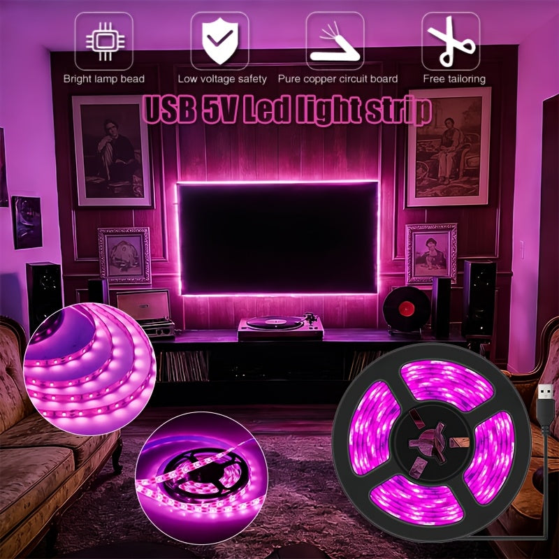 1件USB供电5V粉紫光led灯带，柔软可弯曲电视装饰灯，双面胶粘贴可裁剪，卧室、电视、楼梯灯串，适合宿舍、室内装饰，炫彩光效，电脑桌照明