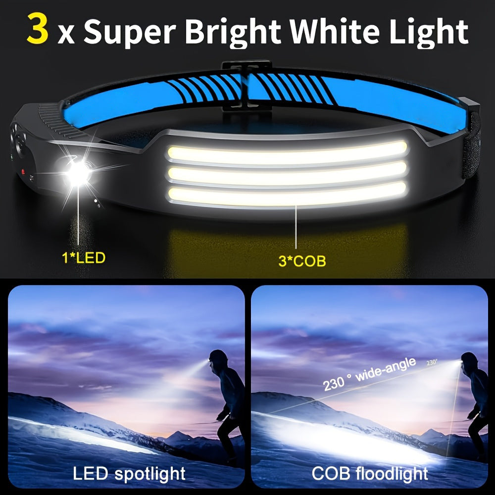 1Pc USB Rechargeable COB Headlamp, Motion Sensor Outdoor Head Light, 230° Wide Angle, 5 Lighting Modes Running Headlamp, Portable Lightweight Hands-Free Flashlight, Ideal for Camping, Hiking and Outdoor Activities