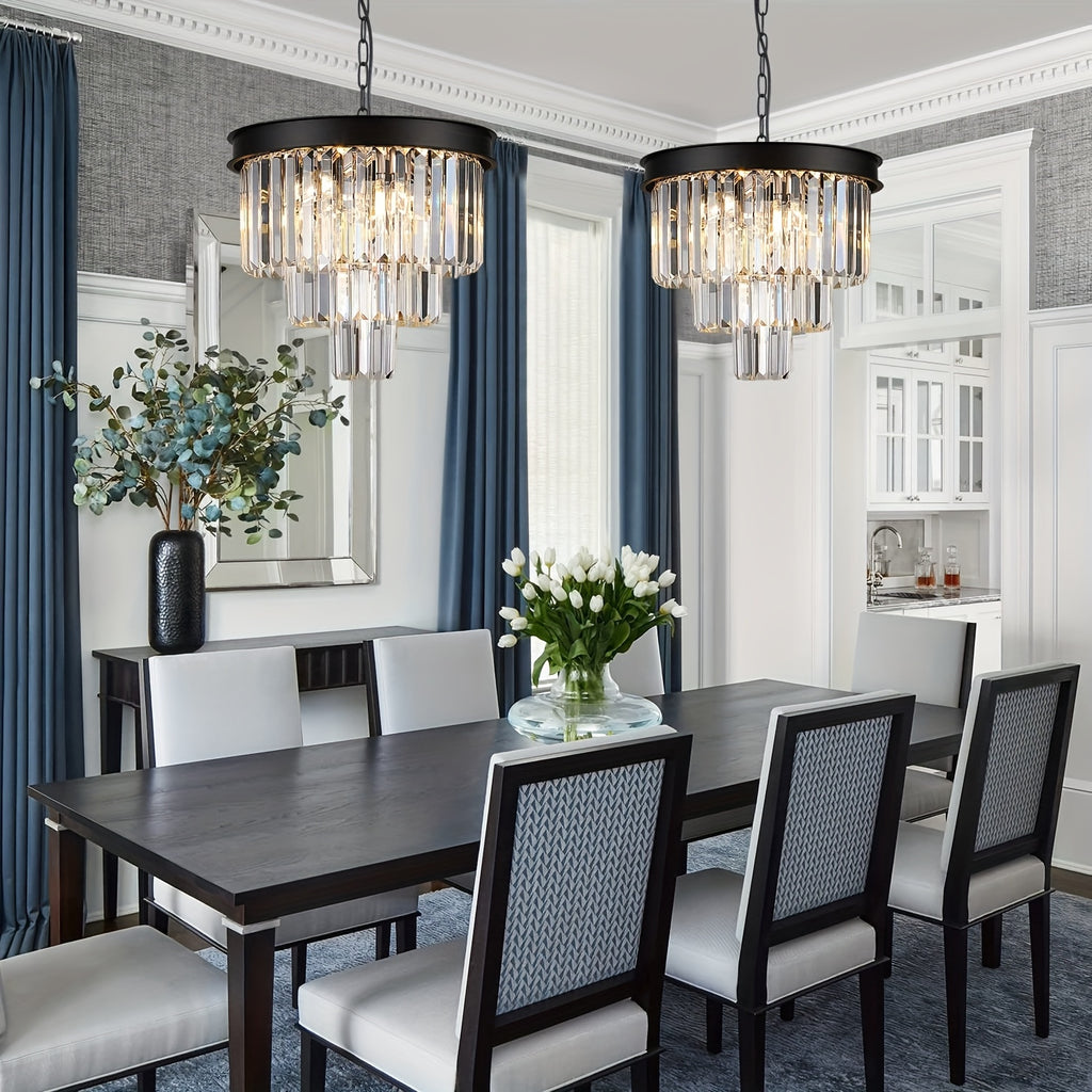 Modern Crystal Chandelier, Black Ceiling Pendant Light, 3-Layer Dimmable Recessed Pendant Light, Round Raindrop, Suitable for Living Room, Dining Room, Foyer, Kitchen Entrance (Bulb Not Included)