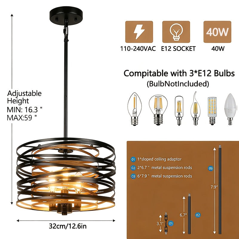 Adjustable Height Industrial Spiral Pendant Light, 3-Light Black Drum Cage Pendant Light with Sloped Ceiling Adapter, Modern Rustic Style Lighting Fixture, Suitable for Dining Room Hall, E12 Socket (Bulb Not Included)