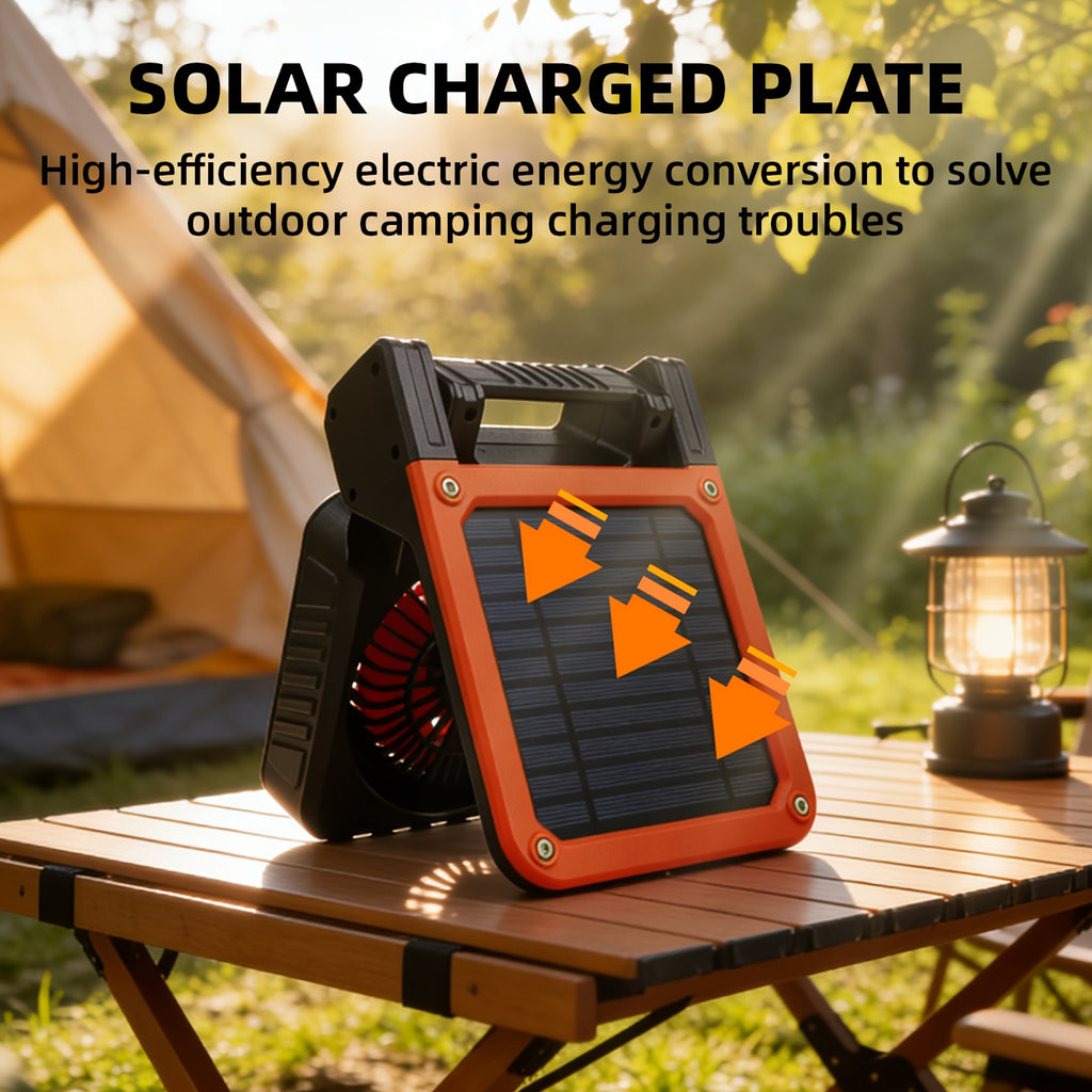 1PC Portable Foldable Solar Camping Fan with LED Light, 3 Speed Levels Adjustable, 5 Lighting Modes, Power Indicator & Power Output Function, 180° Angle Adjustment, Built-in Hook, Perfect for Camping