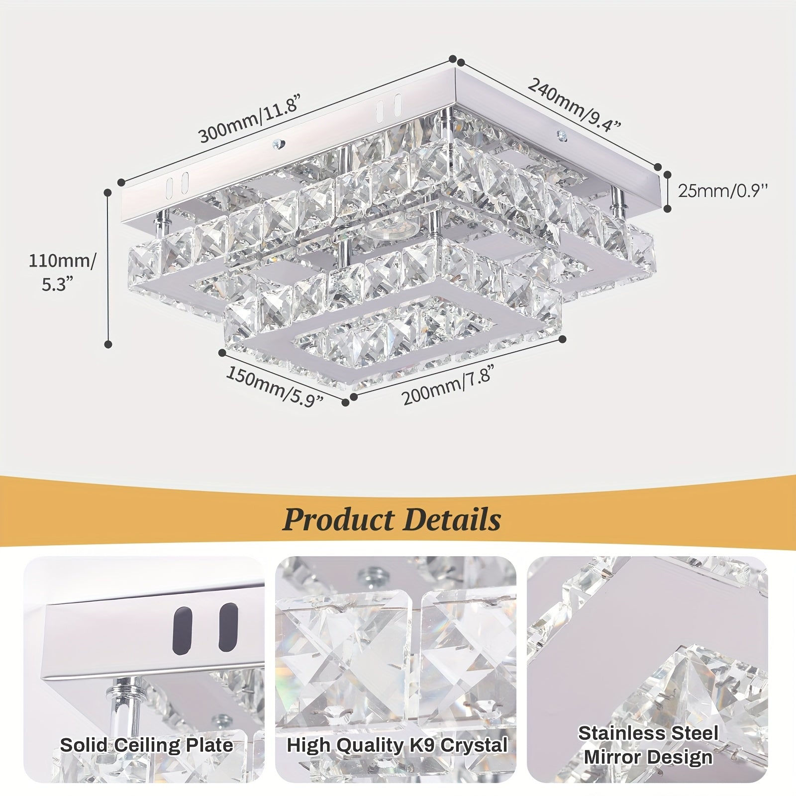 LED Crystal Ceiling Light Modern Rectangular Recessed Pendant Light K9 Stainless Steel Ceiling Light Suitable for Living Room Bedroom Dining Room (Cool White Light)