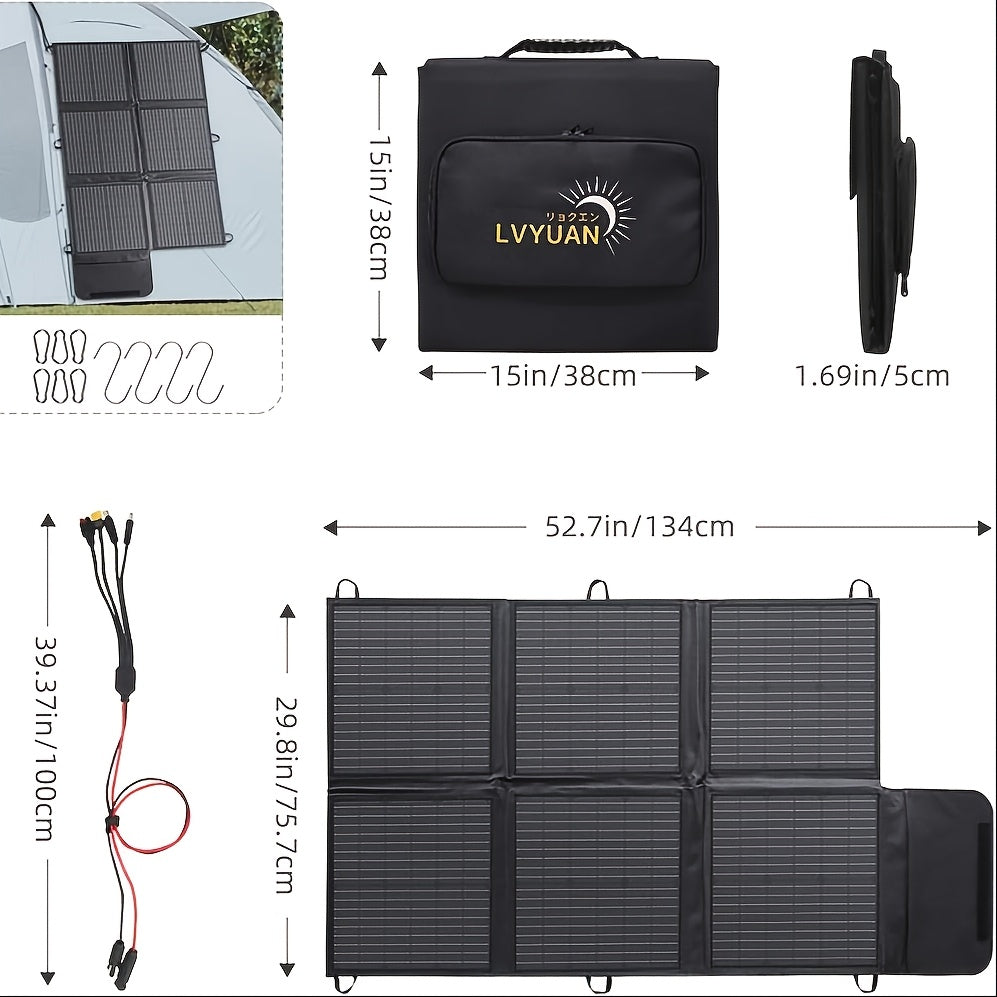 LVYUAN 可攜式太陽能板，提供 120W、200W、300W 和 400W 的選項，採用可折疊設計和高效單晶太陽能電池，效率高達 22.5%，非常適合戶外活動、船隻、露營