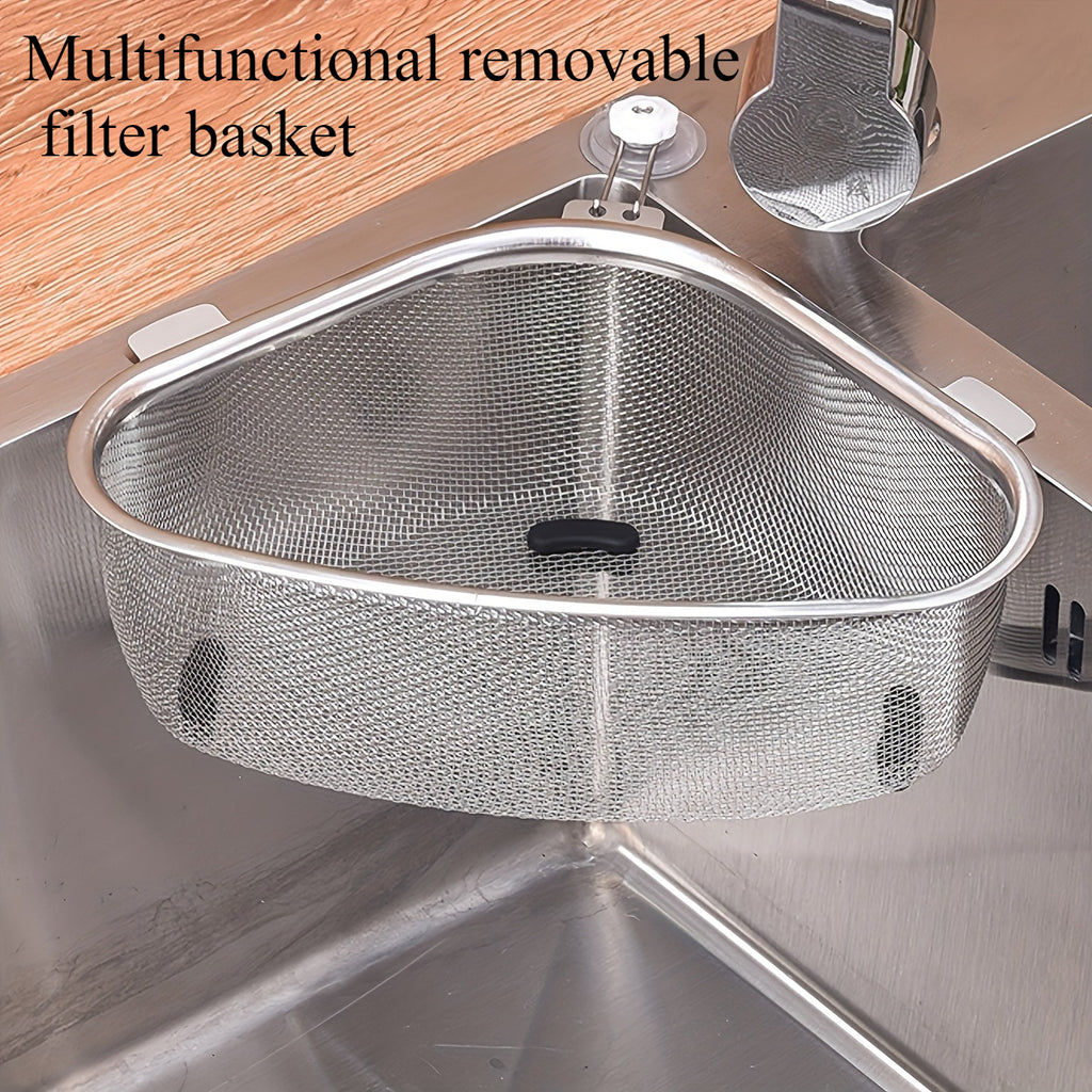 Triangular Stainless Steel Sink Strainer Basket - Removable Food Waste Filter with Mesh Storage Basket, Easy to Clean, for Hanging & Standing in Kitchen, Kitchen Sink Drain Basket