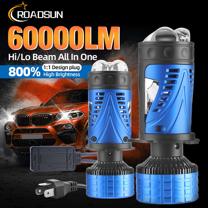 Super Bright White Headlight, 2-Piece Lens LED Headlight for Left-Hand Drive, Suitable for Cars and Motorcycles, H4 High/Low Beam 2-in-1 LED Chips, 6500K White Light 60000 Lumens 300W, Left-Hand Drive Plug-and-Play