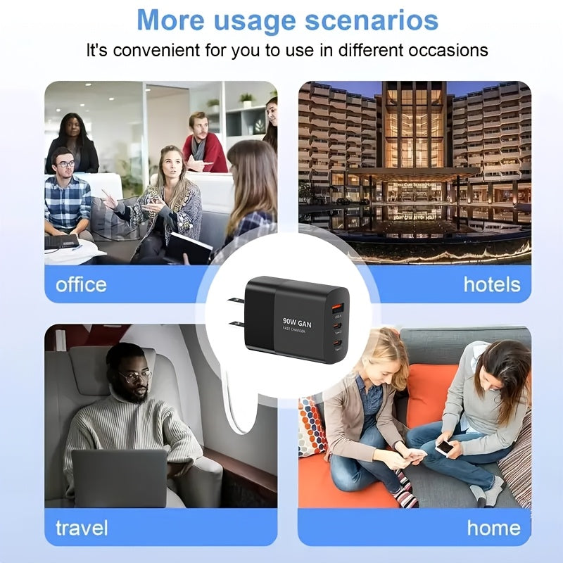 90W 3-port Fast Charging USB-C Charger, American Plug, Portable Charging Set