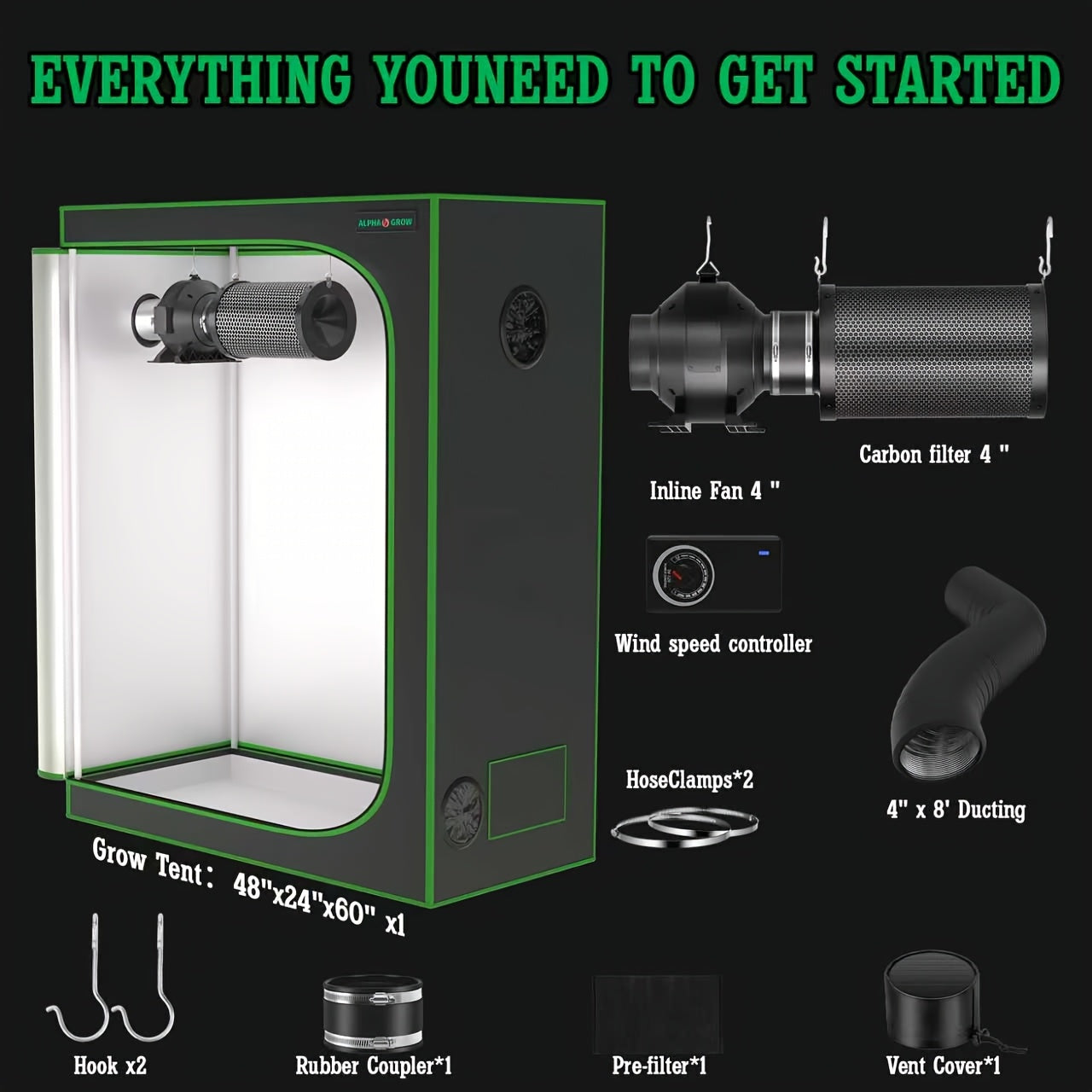 1800D Material 48x24x60 Inch (≈4x2 Ft) Hydroponic Grow Tent, Optional Accessory Kit: 100W Dimmable LED Light, 8ft Ducting, 4"/6" Vents, Optional Standard Independent Fan & Filter Combo or New Integrated Fan-Filter Unit