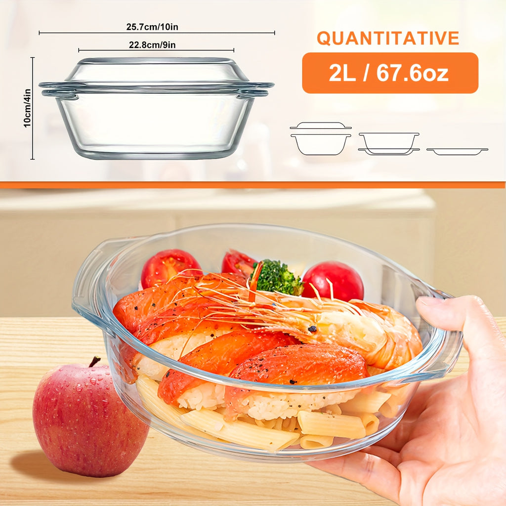 2-Piece Set (1 Plate & 1 Bowl) Household Transparent Borosilicate Glass Heat-Resistant Crystal Pot with Lid – Microwave-Safe Glass Bowl & Plate for Baking Rice Dishes – Great for Christmas, Valentine's Day, Halloween, Easter