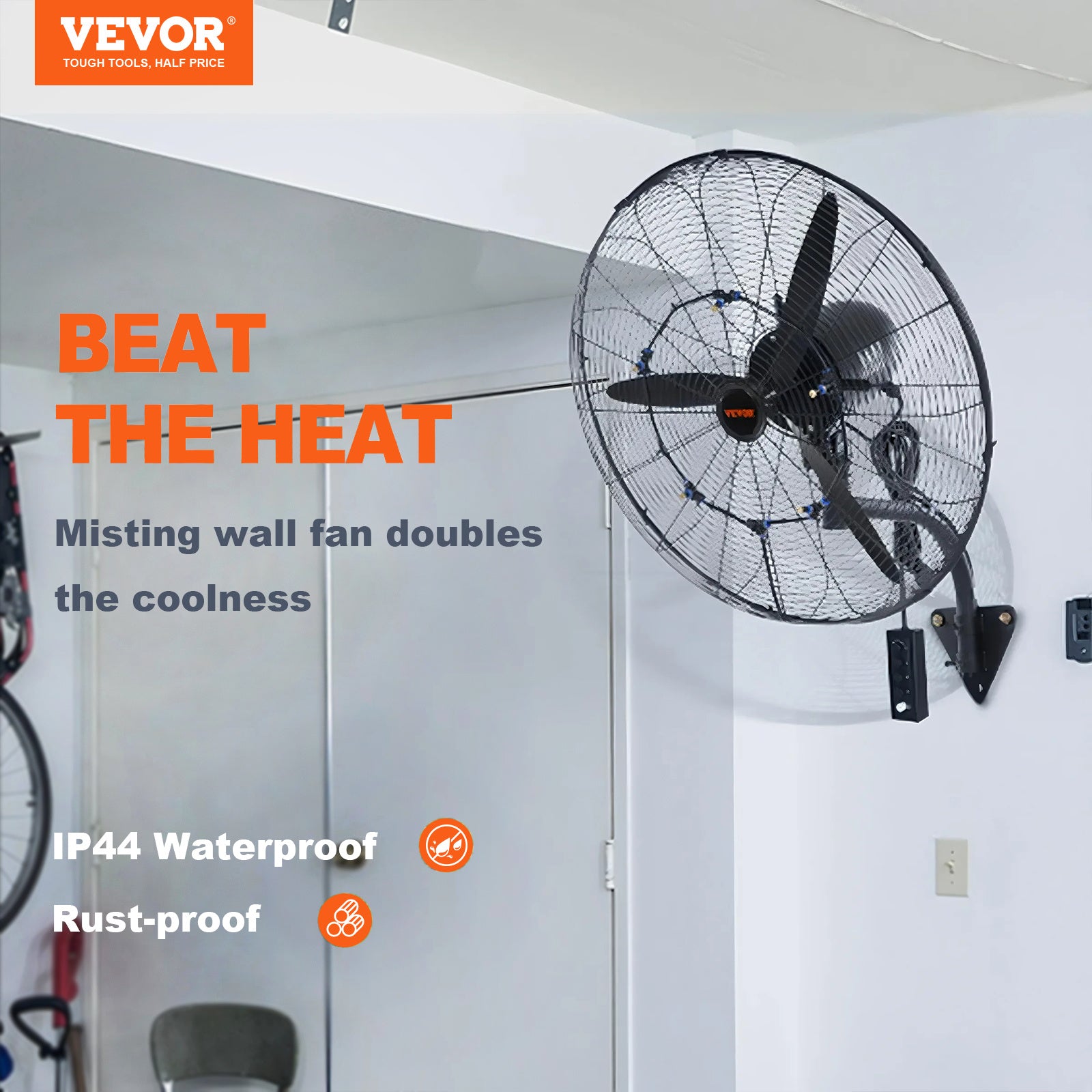 VEVOR Wall-Mount Misting Fan, 24"/30", 3-Speed High Velocity Max 7000 CFM / 9500 CFM, Waterproof Oscillating Industrial Wall Fan, Commercial/Residential for Warehouse, Greenhouse, Workshop, Black, ETL Listed