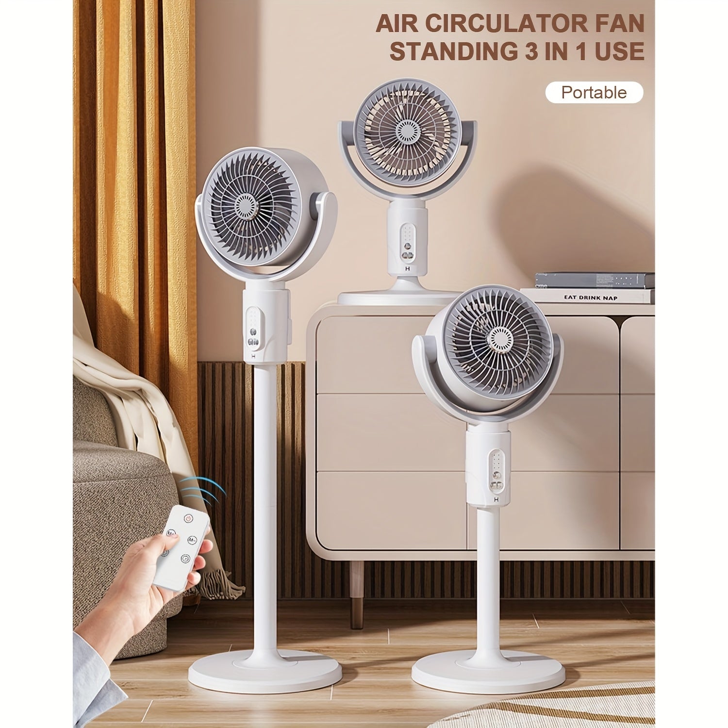 Bedroom Standing Fan With Air Circulation Function, 90° & 180° Oscillation, 5 Speed Settings, Multi-functional Design For Base And Desktop Use, Adjustable Height 15 Inch 23.6 Inch 32.3 Inch