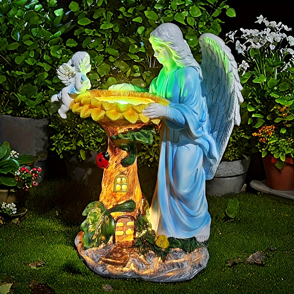 OTDECOR 1-Piece Solar Color Changing Light Angel and Cherub Garden Statue, Angel Outdoor Statue Sculpture, Resin Outdoor Decor with LED Lighted Tree House Base, Suitable for Patio and Backyard Lawn Decoration