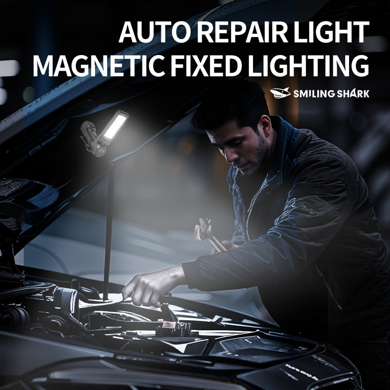 1 Smile Shark COB Ultra-Bright Work Light, Rechargeable LED Work Light, Portable Magnetic Work Light Flashlight, 180° Rotating with 3 Modes, Small Strong Magnetic Flashlight, Ideal for Under Hood, Car Repair, Inspection & Outdoor Use, Mini COB Work Light