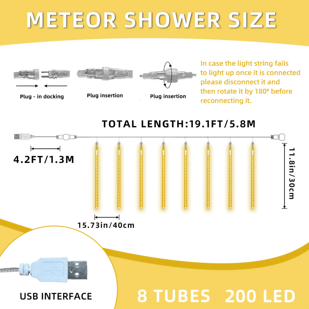 USB供電LED流星雨聖誕串燈 - 8管200燈傢俱裝飾懸掛冰瀑燈，適用於婚禮裝飾、派對及節日慶典、秋季家居聖誕裝飾LED燈帶