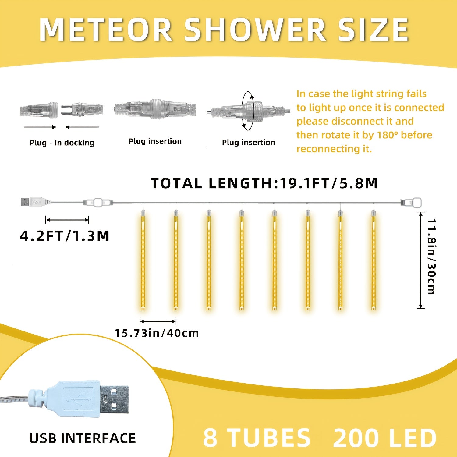 USB供電LED流星雨聖誕串燈 - 8管200燈傢俱裝飾懸掛冰瀑燈，適用於婚禮裝飾、派對及節日慶典、秋季家居聖誕裝飾LED燈帶
