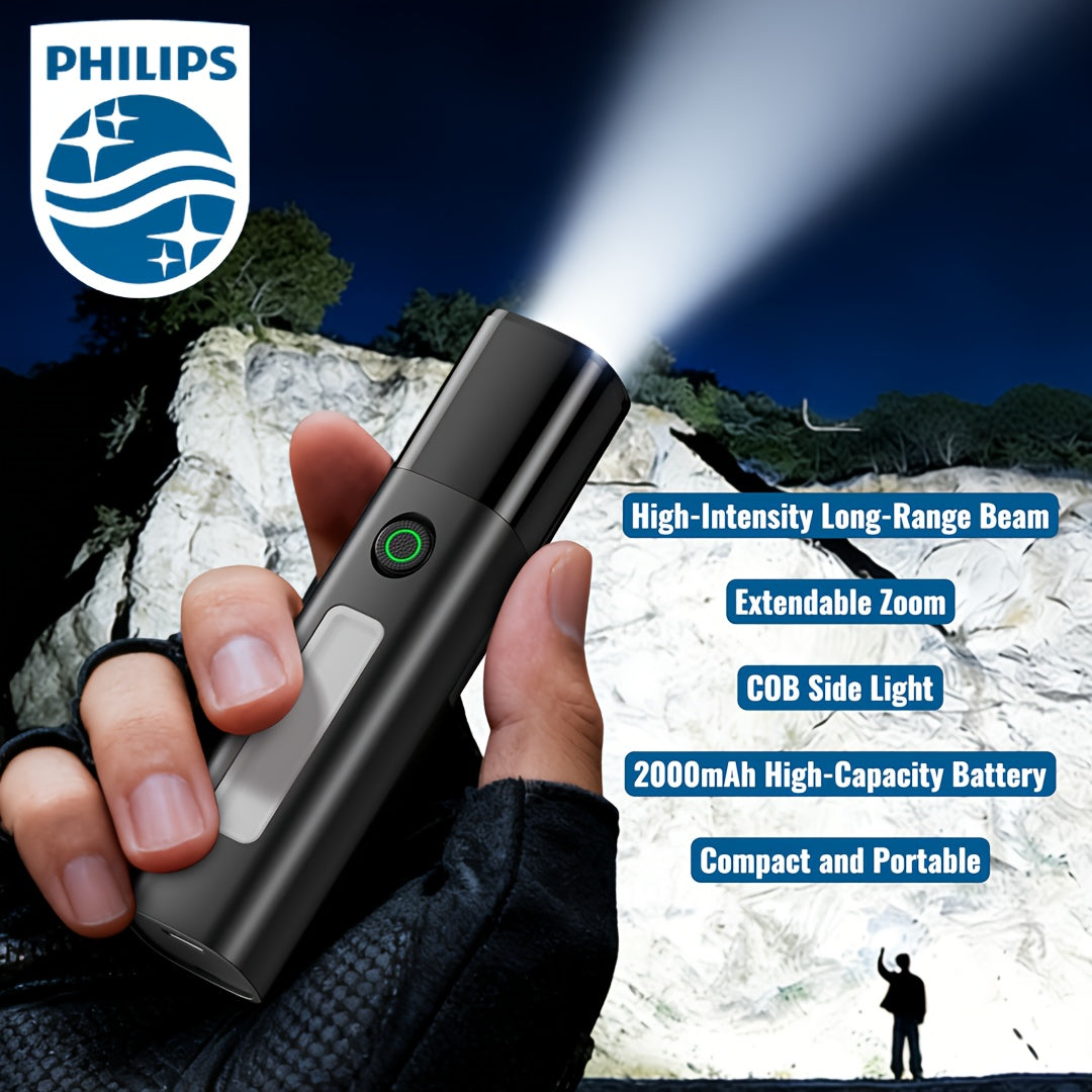 Philips Rechargeable High-Lumen Flashlight with COB Sidelight / Adjustable Beam Focus / Compact & Portable Design / Extended Battery Life / Ideal for Home Emergencies, Outdoor Camping & Adventures