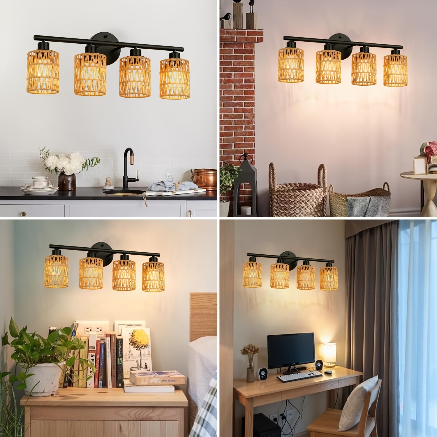 Holiday Theme 4-Light Bathroom Vanity Light, Modern Rattan Light Fixture, Suitable for Above Mirror, Bohemian Style Wall Light with Woven Shade, Black Wall Light, Perfect for Farmhouse Living Room and Bedroom (Bulb Not Included)