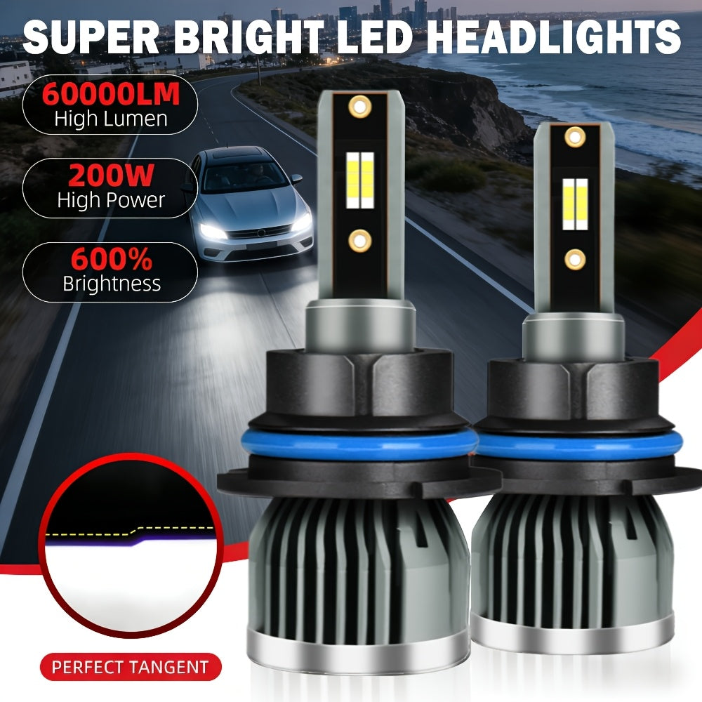 -Pack LED Headlights 60000 Lumens High Brightness 200W High Power 600% Brightness Increase 6000K White Light Output Equipped with High-Efficiency Turbo Fan Cooling Design Fits Most Car Models Plug-and-Play