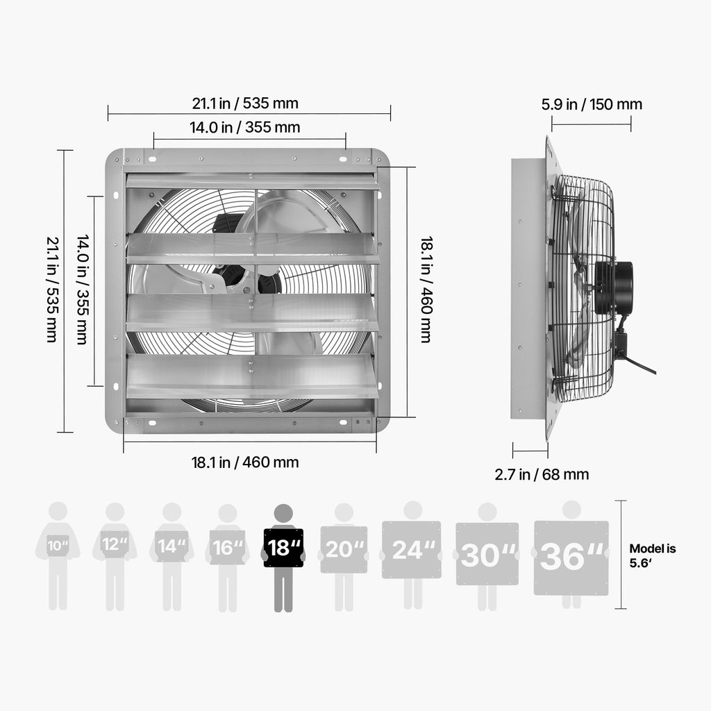VEVOR 18"/20" Louvered Exhaust Fan, Wall-Mounted Attic Vent Fan, 2200 CFM/3000 CFM, AC Motor, Heavy-Duty Steel, Low Noise, for Shed Garage Greenhouse Ventilation Cooling, Silver