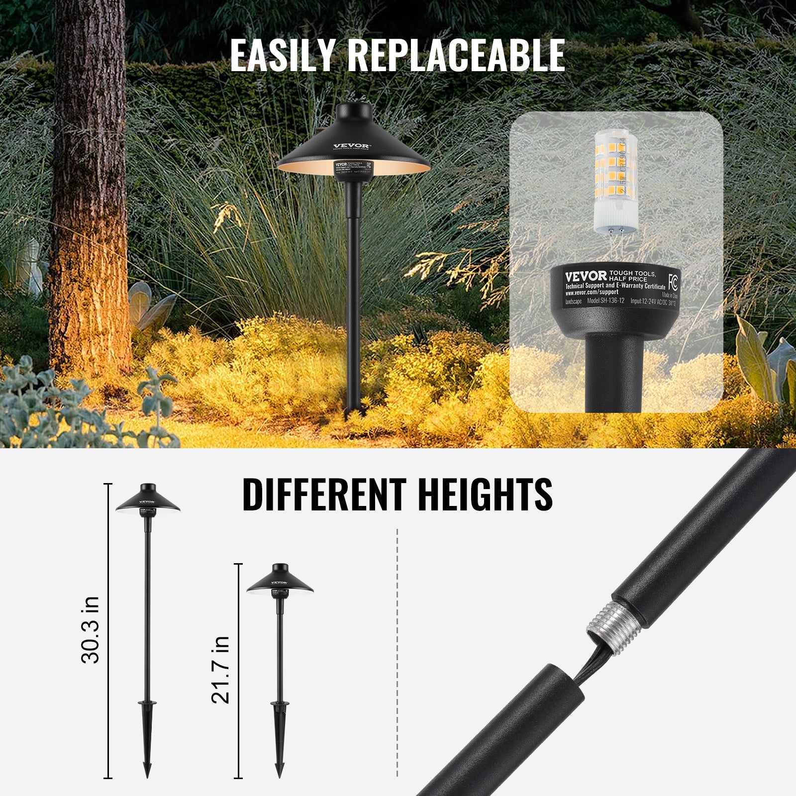 VEVOR 12 Pack Low Voltage Landscape Path Lights, 3W 210LM 12V-24VAC/DC Outdoor LED Pathway Lighting, 3000K Warm White with Quick Connector, IP66 Waterproof for Courtyard Garden Sidewalk