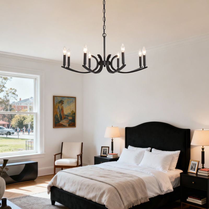 8-light farmhouse style chandelier, black metal branched chandelier, industrial style high ceiling living room dining room foyer lighting fixture, adjustable height - E12 base