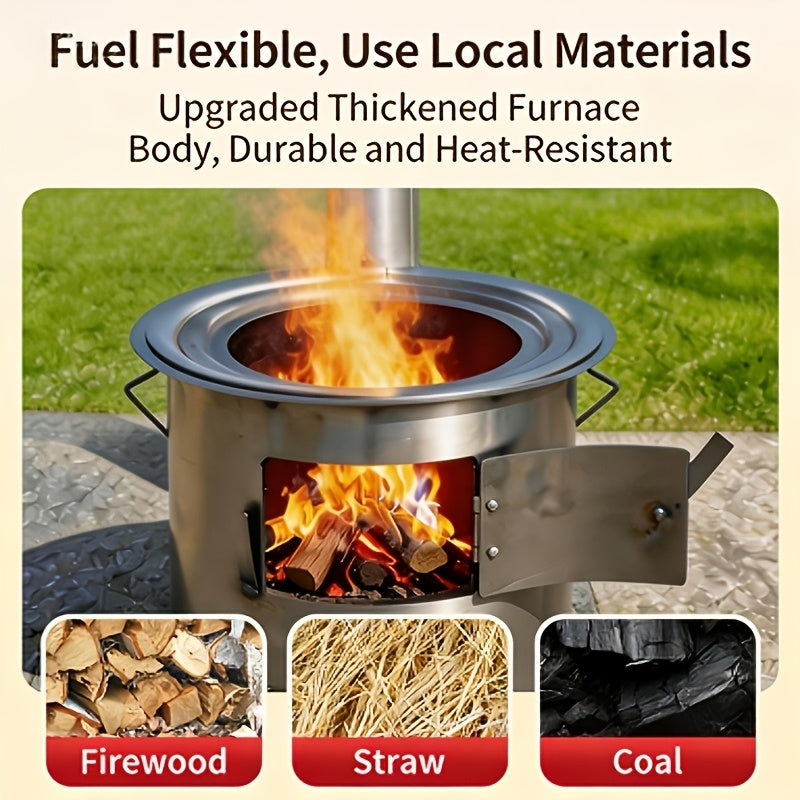 Outdoor Portable Straight-Tube Wood Burning Stove for Picnic, Multi-Functional Home Wood Stove, Rural Household Wood Cooker